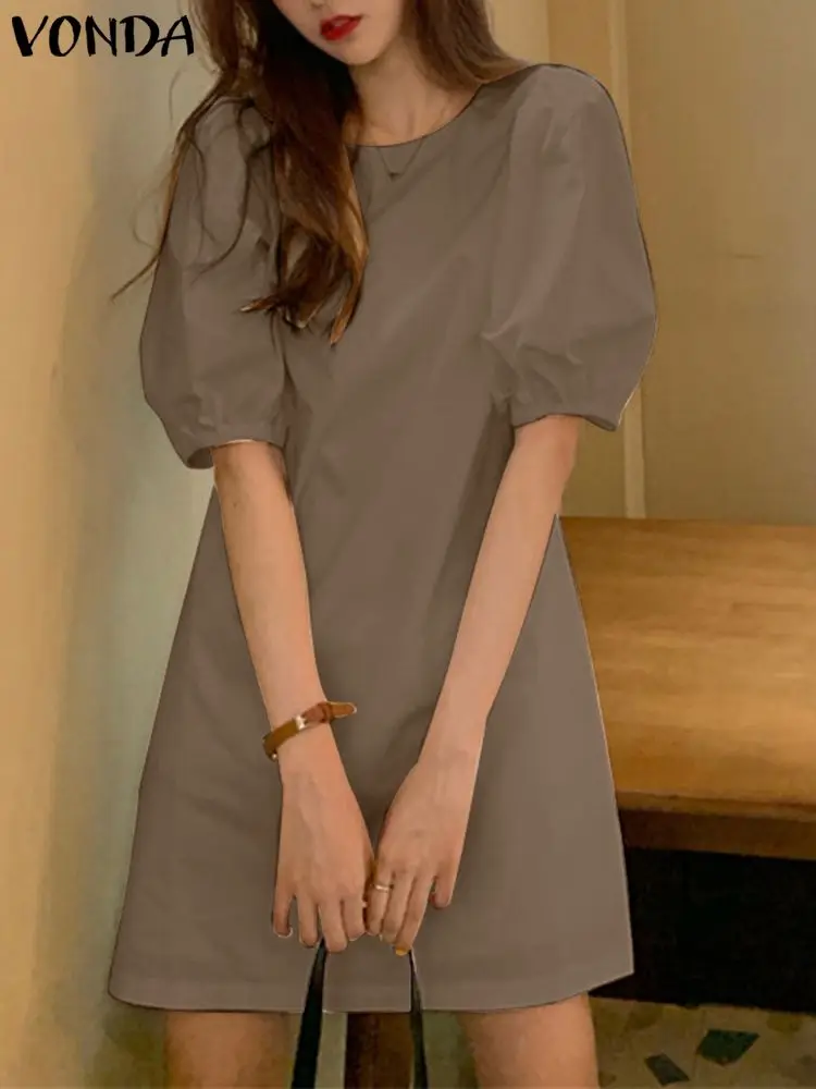 VONDA-minivestido de fiesta de verano para mujer, elegante vestido corto con mangas abullonadas, informal, liso, con cuello redondo, holgado y plisado, para vacaciones, 2024