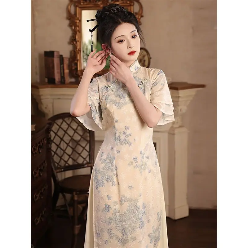 Improved Qipao 2024 New Summer Modern Chinese Style Blue Jacquard Short Sleeve Cheongsam For Women Youth Girls Long Party Dress