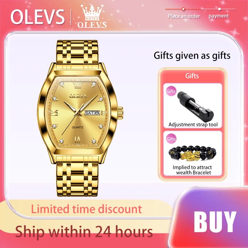 

OLEVS Top Luxury Brand Tonneau Men's Watches Dual Calendar Gold Quartz Watch Luminous Fashion Original Authentic Male Wristwatch