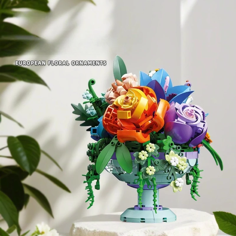 

SEMBO Simulated Peony Bouquet Building Blocks Creative Trendy Hand-assembled Rose Eternal Flower Desktop Ornament Gift Model