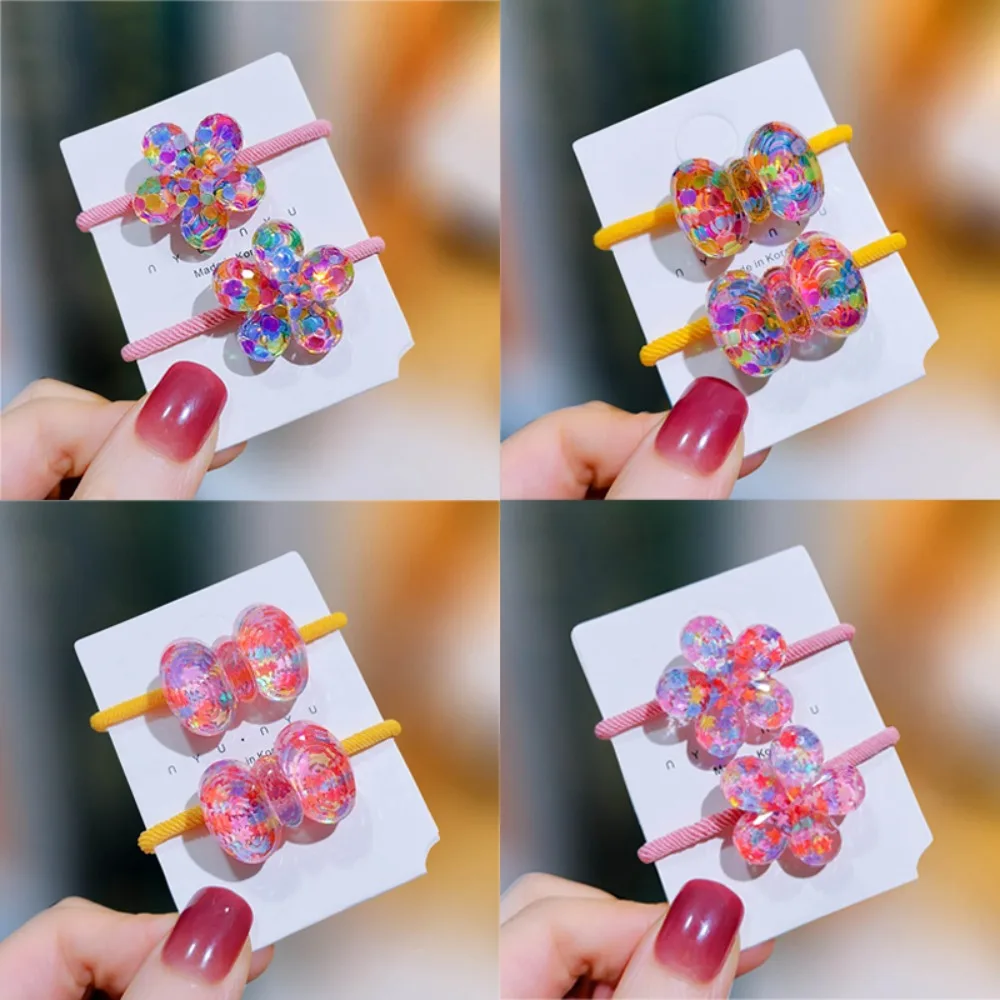 2Pcs Hair Ties Girls Kids Sequin Elastic Bands Laser Flower Butterfly Bow Cute Princess Colorful Scrunchies Toddler Birthday