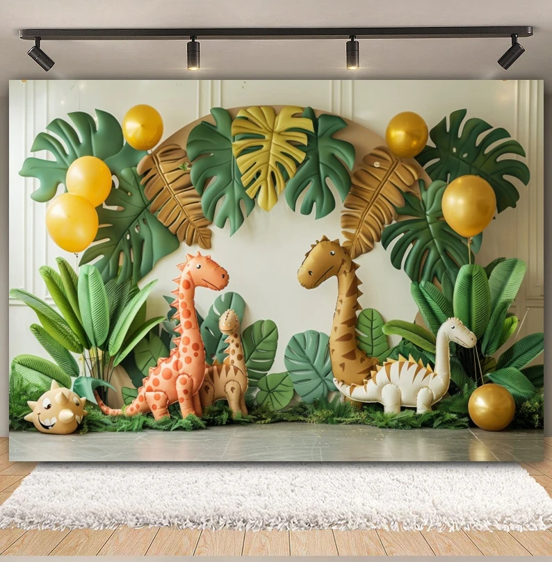 Latar Belakang Fotografi Tema Dinosaurus Hutan Tropis Balon Satwa Liar Pesta Ulang Tahun Bayi Latar Belakang Foto Potret Smash Kue