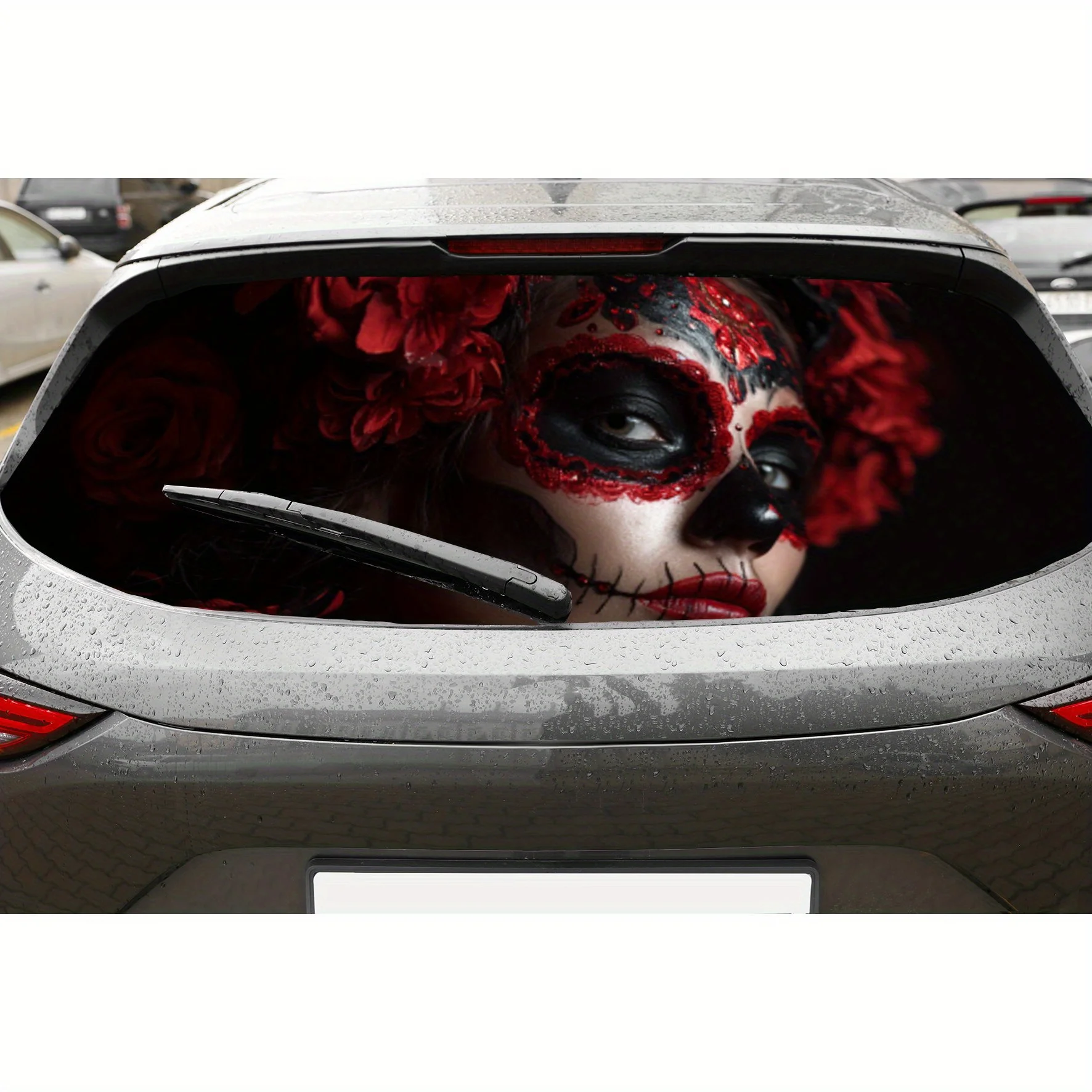 

Mexican Sugar Skull Girl Red Rose PVC Perforated Car Vinyl Wraps, Durable Car Rear Windshield Sticker, Waterproof Car Rear Windo