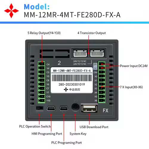 2.8'' Touch Screen PLC HMI All In One for Small Machine Automation Controller, Built-In Analog, 7/9 I/O, 2 Axis 100K for Motor - Image 6