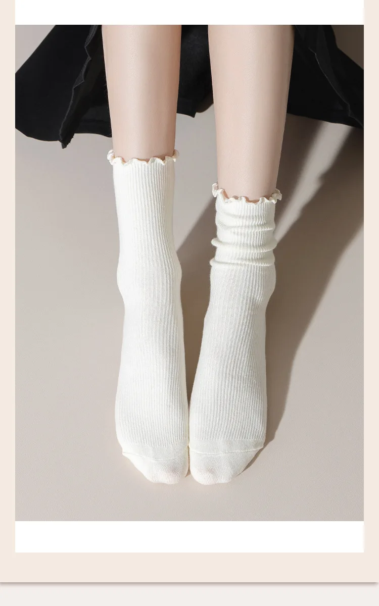 6 Paar Rüschensocken für Damen, Baumwolle, einfarbig, mittellange Socken, niedliche, kawaii, koreanische, atmungsaktive, schwarz-weiße kurze Strümpfe – Detail 10