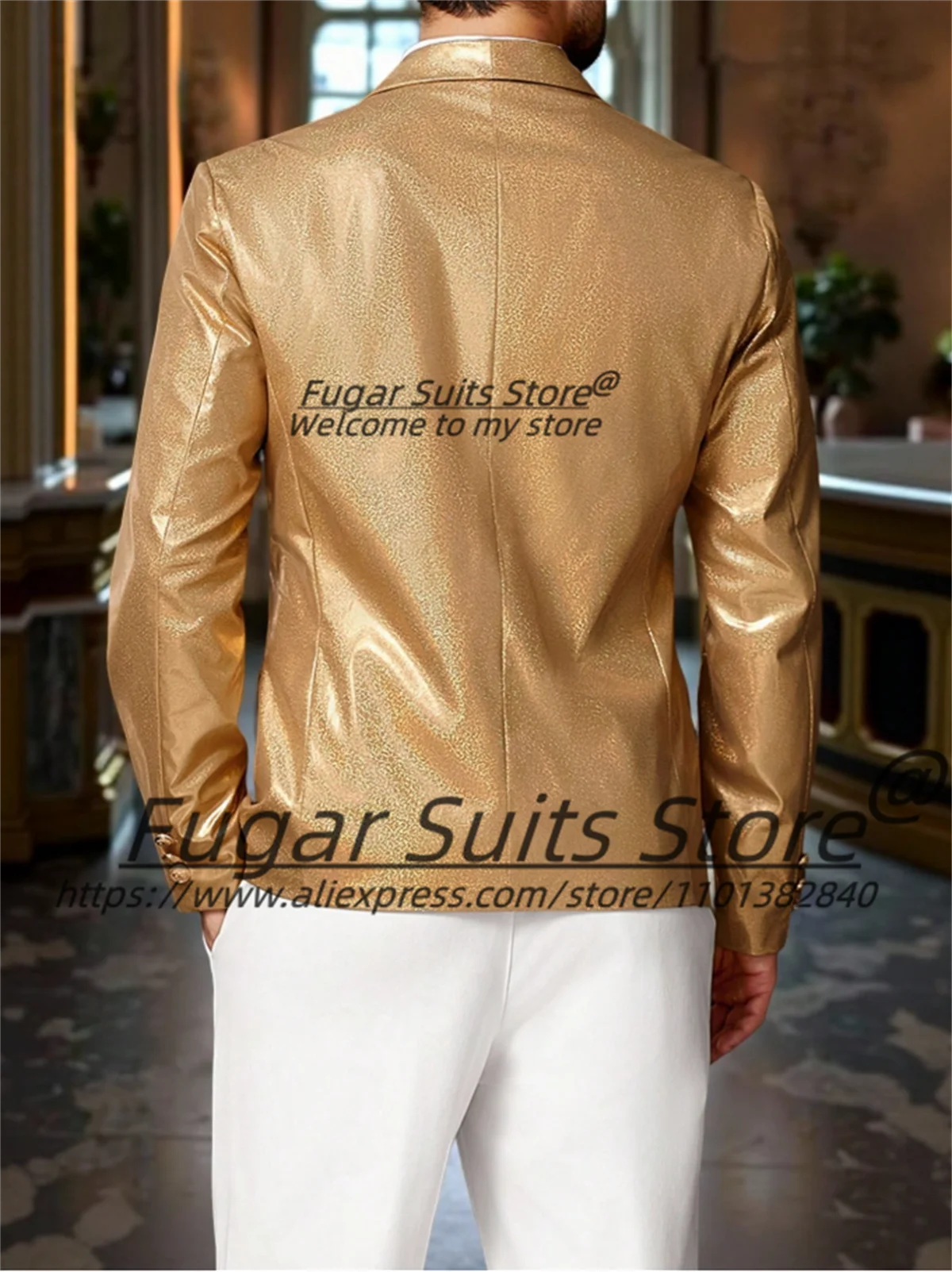 لامعة الذهبي بدل زفاف للرجال مخصصة سليم شال التلبيب العريس حفلة البدلات الرسمية الذكور بليزرات 2 قطعة Stes Ropa Hombre