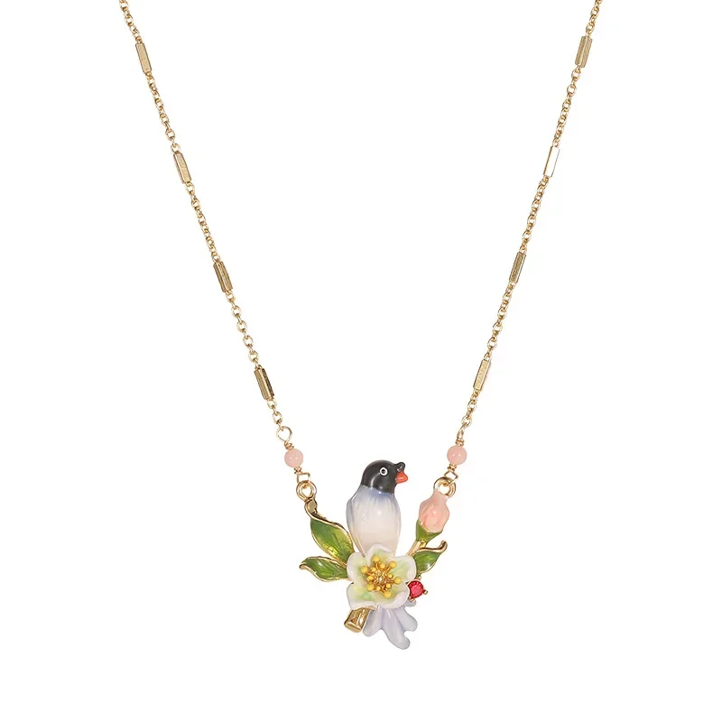 New Arrival Handmade Blue Grey Enamel Bird Pendant Necklace Fancy Birthday Gift Statement Jewelry Cute 3D Sparrow Beautiful Flow