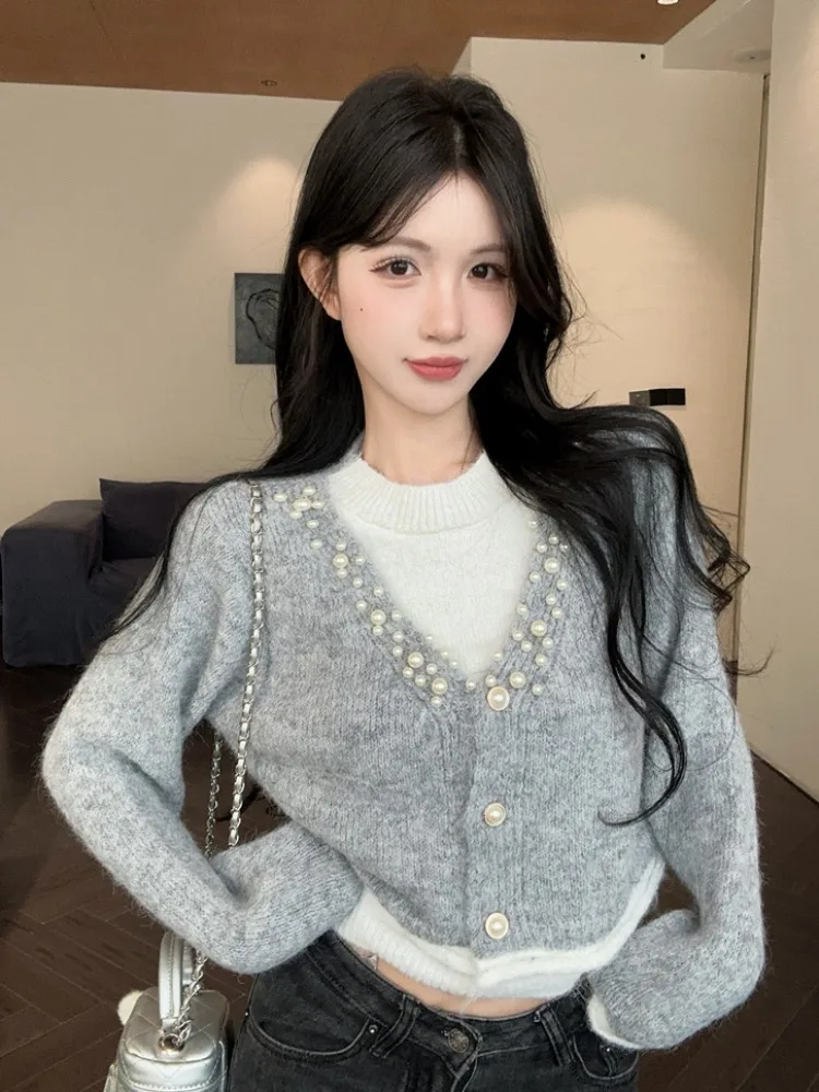 

Fashionable Long Sleeve Knitted Sweater Women's Autumn New Style Heavy Embellished Patchwork Versatile Ageless Korean Commute...