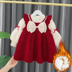 Toddler Baby Girls Dress Autumn Winter Kids Red Christmas New Year Plush Warm Dress Infant Clothing Set Top+skirt For 1-4 Years