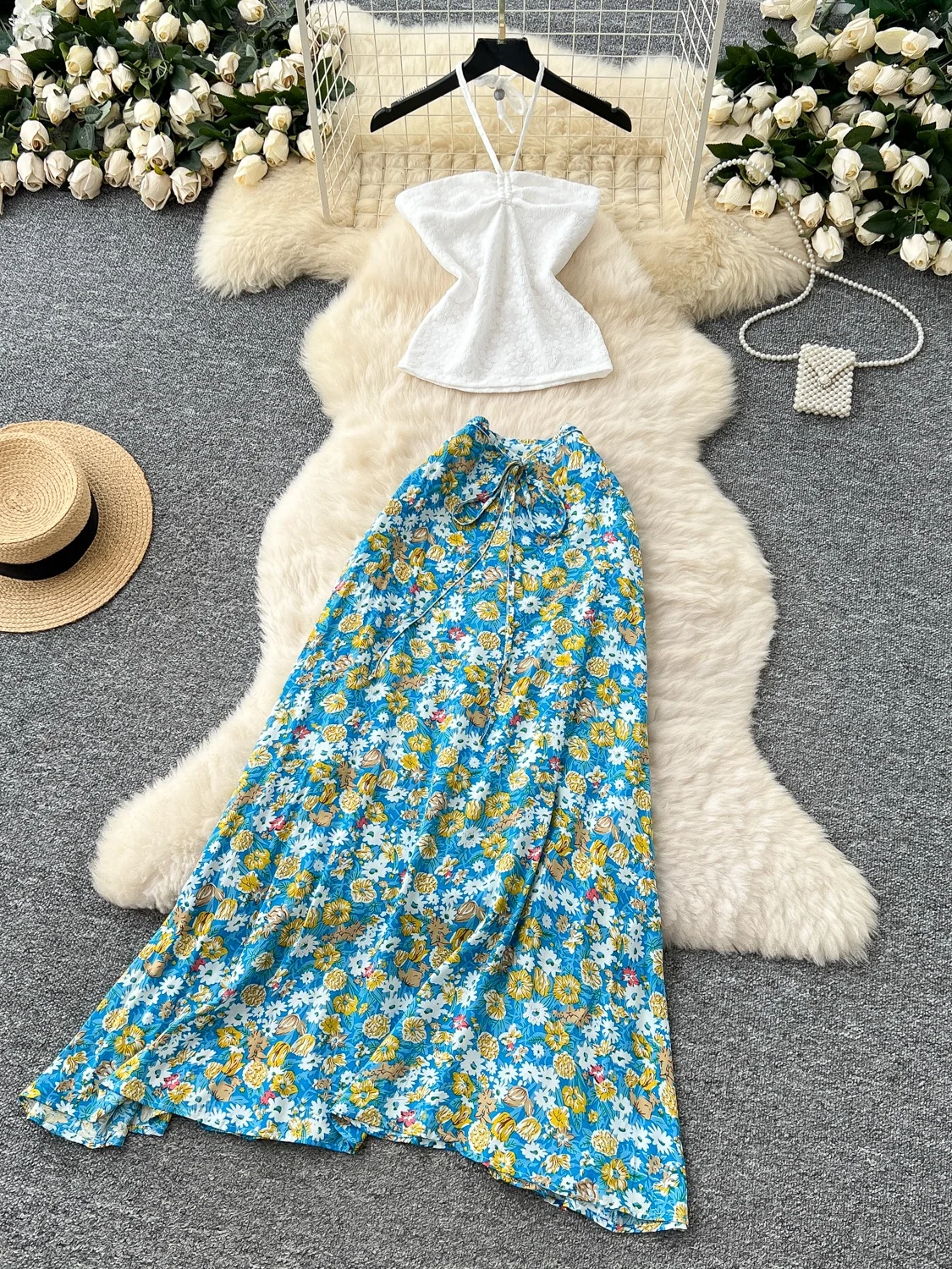 

Летний пляжный комплект Vaion Sle для девочек, женская юбка с высокой талией и цветочным принтом, жилет, модный ансамбль для детей 8–25 лет