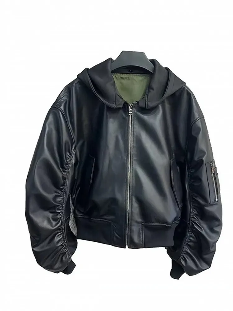 Chaqueta de Mujer de Cuero Genuino con Capucha, Reversible, de Piel de Oveja Real, Chaquetas Cortas con Cremallera, Estilo Coreano, Informal, Holgada, Abrigo Negro