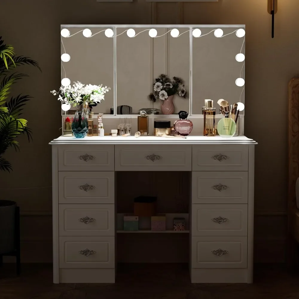 White Makeup Vanity Desk with 15 Light Bulbs & 3 Mirrors, Modern Vanity Table Dressing Table with 9 Drawers, Hidden Shelves