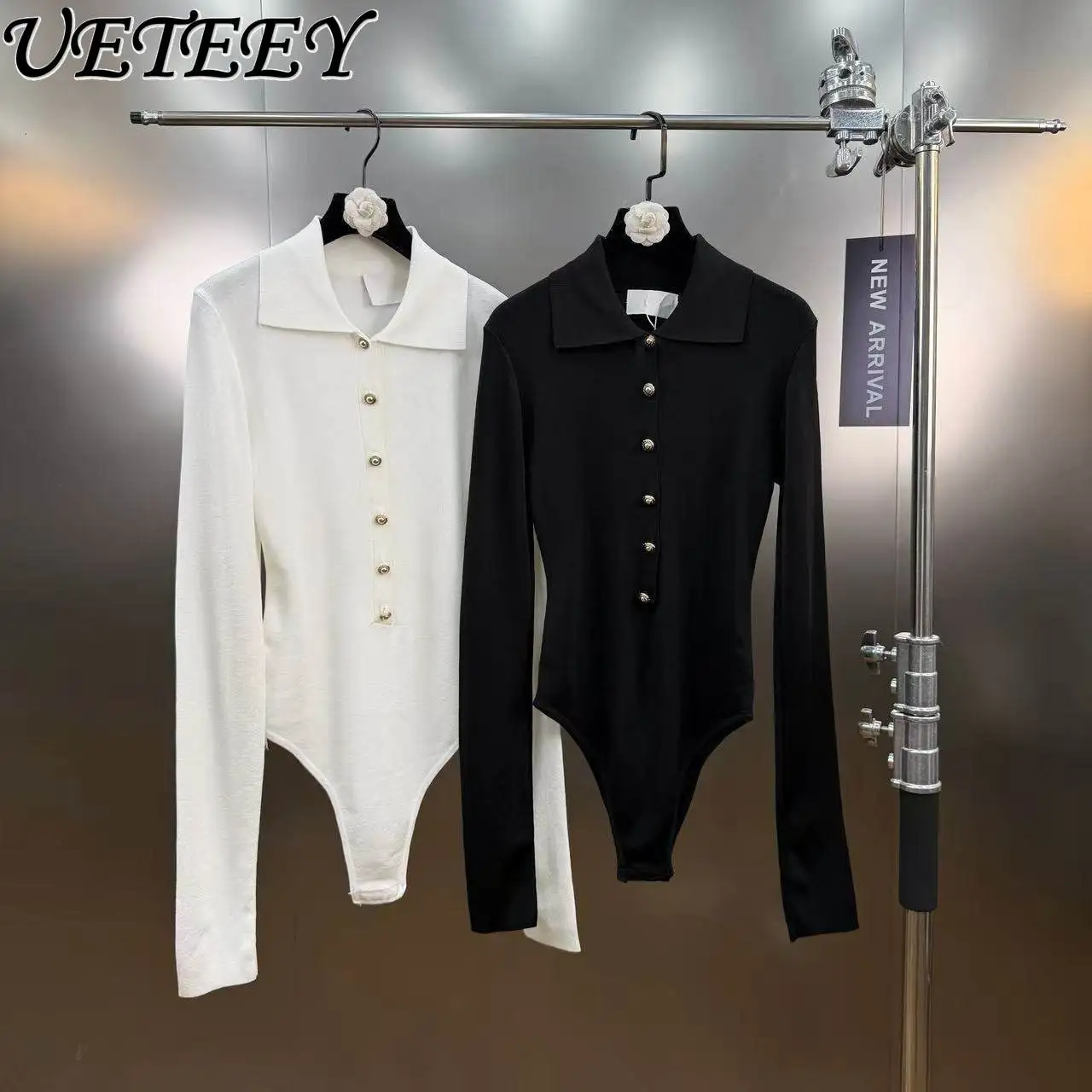 

2026 Spring New Polo Collar Metal Button Knitted Jumpsuit Shorts Women Slim Fit High-end Black Sweater Jumpsuits for Female