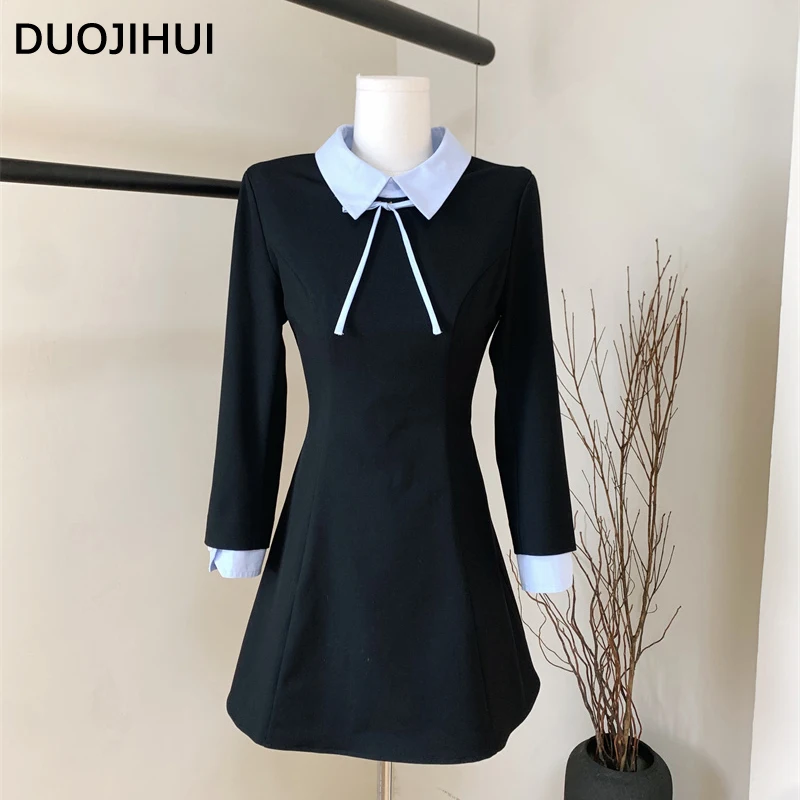 

DUOJIHUI Fake Two Piece Chic Lace-up Female Dresses Basic Long Sleeve Pullover Elegant Office Ladies Fashion Simple Women Dress