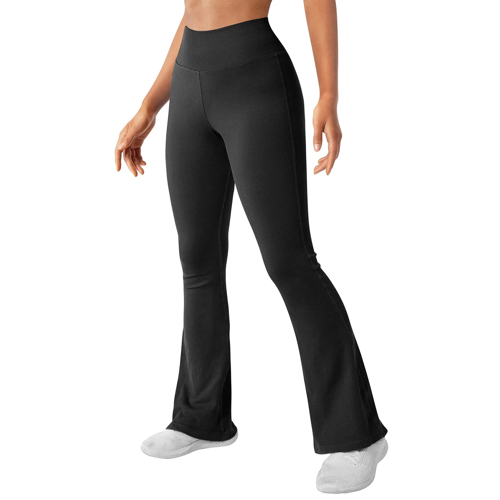 Calças lare de cintura média elástica para mulheres, calças longas de treino casual, calças leggings fashion, controle de barriga, 2024