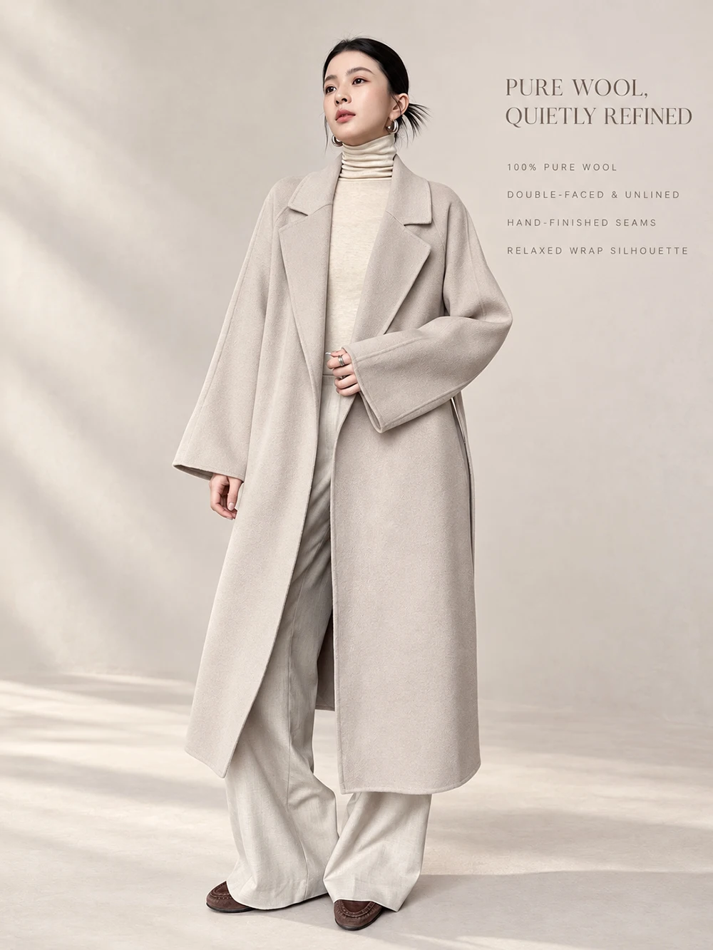 Women 100% Wool Double-Faced Long Coat Relaxed Fit Belted Full-Length Wrap Overcoat Notched Lapels Raglan Sleeves Pure Wool Coat