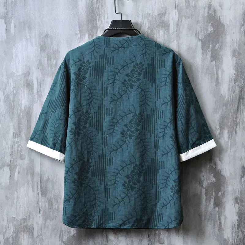 Cotton and Linen Men's Short Half-sleeved Shirt T-shirt Hanfu Feather Knitted Cardigan Clothing Chinese Shirt Tops