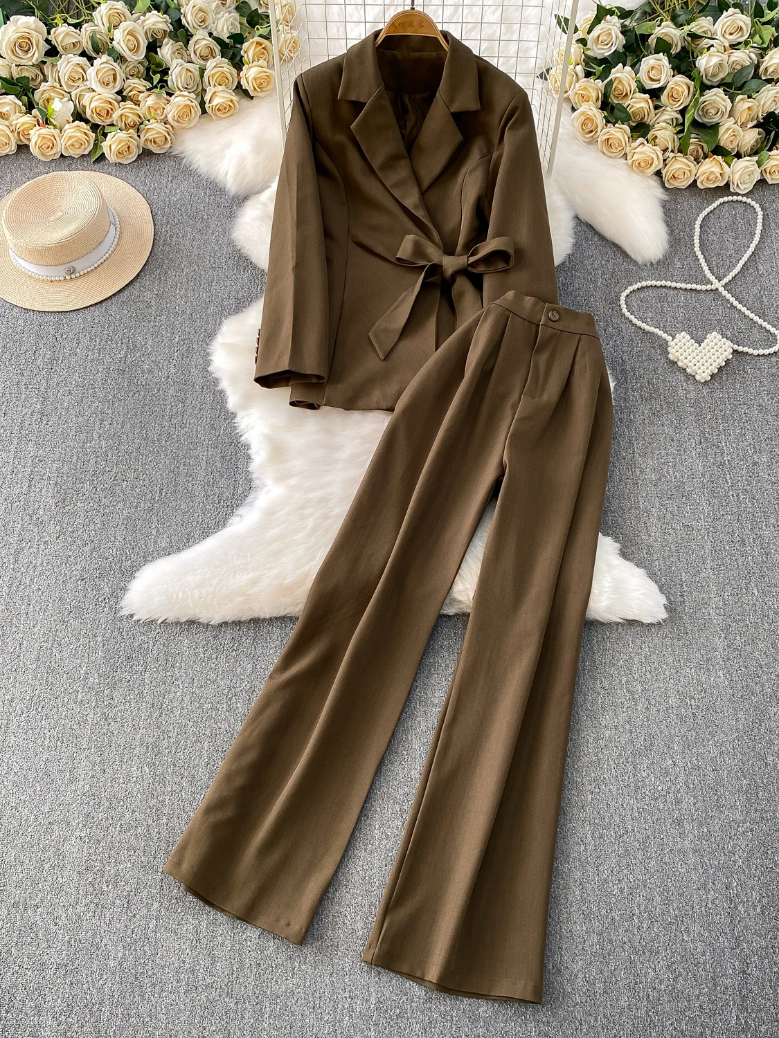 Ele Busin Women's Suit Two-Piece Set High Waist Wide Leg Pants Belted Waist Slimming Effect Profional Commute Sle