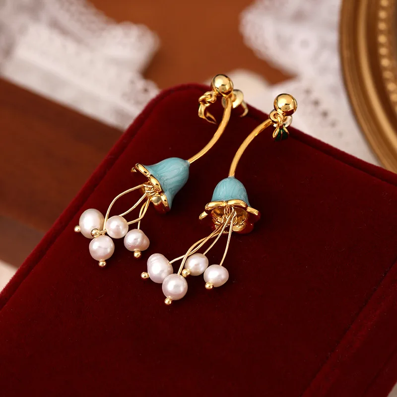 Enamel Trumpet Flower Tassel Stud Earrings Natural Freshwater Pearl Light Luxury Elegant Women Ear Jewelry