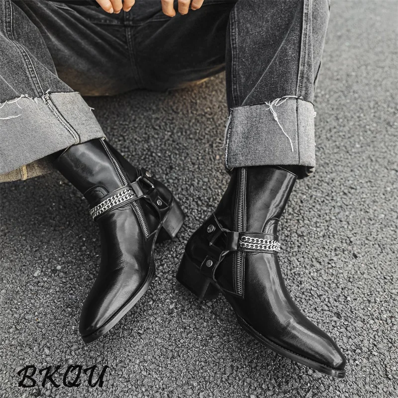 BKQU European Buckle Chelsea Boots for Men, 2025 Autumn Double-layer Leather Pointed Toe High-top Business Boots, Trendy Zipper - Image 5