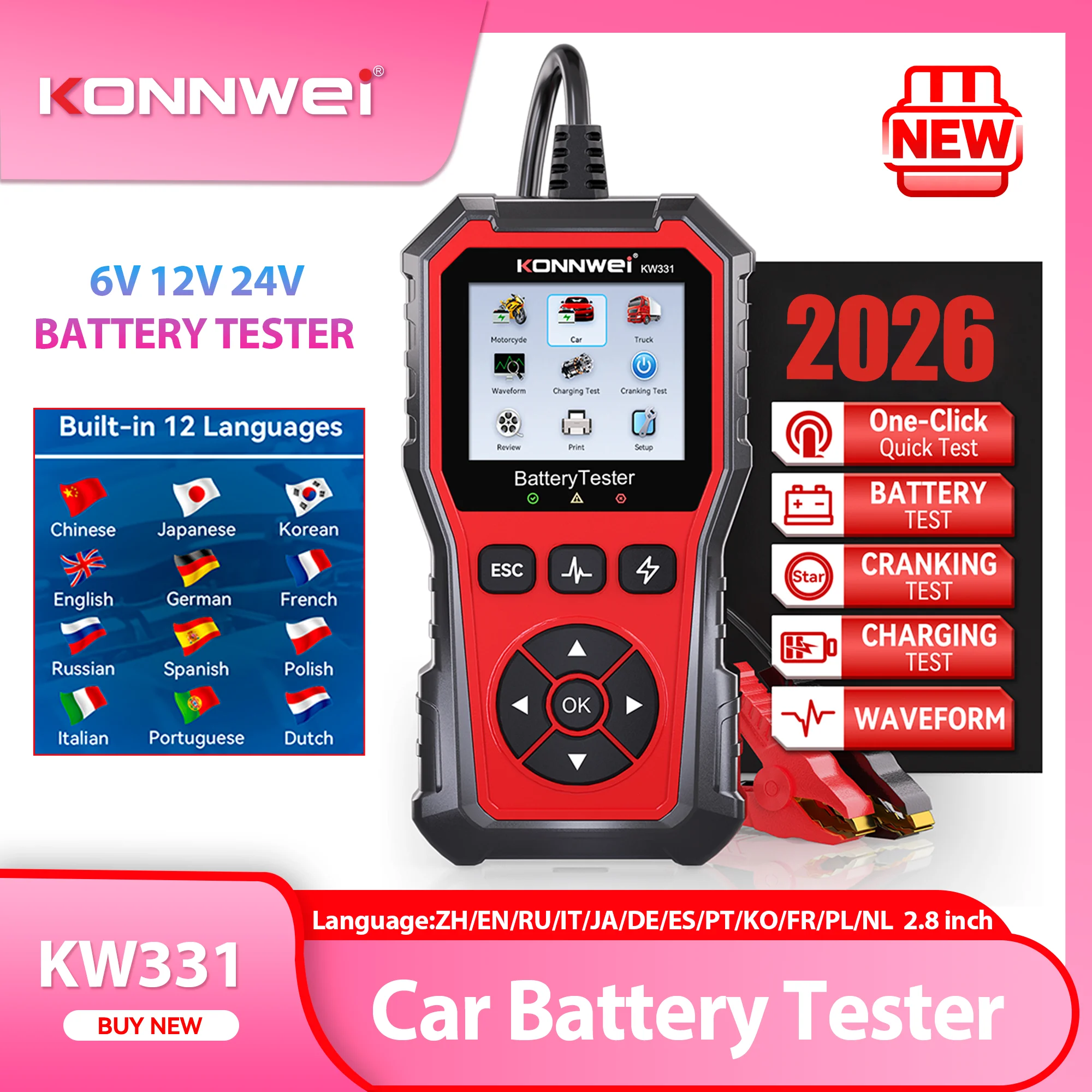 

2026 New KONNWEI KW331 Car Battery Tester 6V-12V-24V 100-2000 CCA Professional Cranking Charging Circut Analyzer Battery Tools