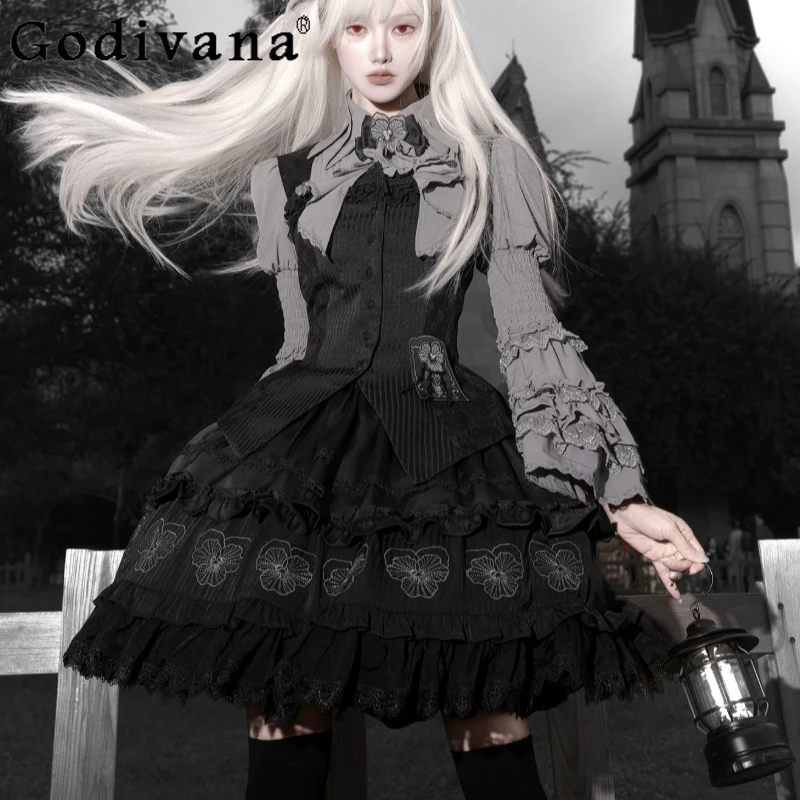 Heavy Industry Lolita Elegant Flare Sleeve Single-breasted Shirt Fashion Versatile A-line Black Age-reducing Cake Gothic Skirt