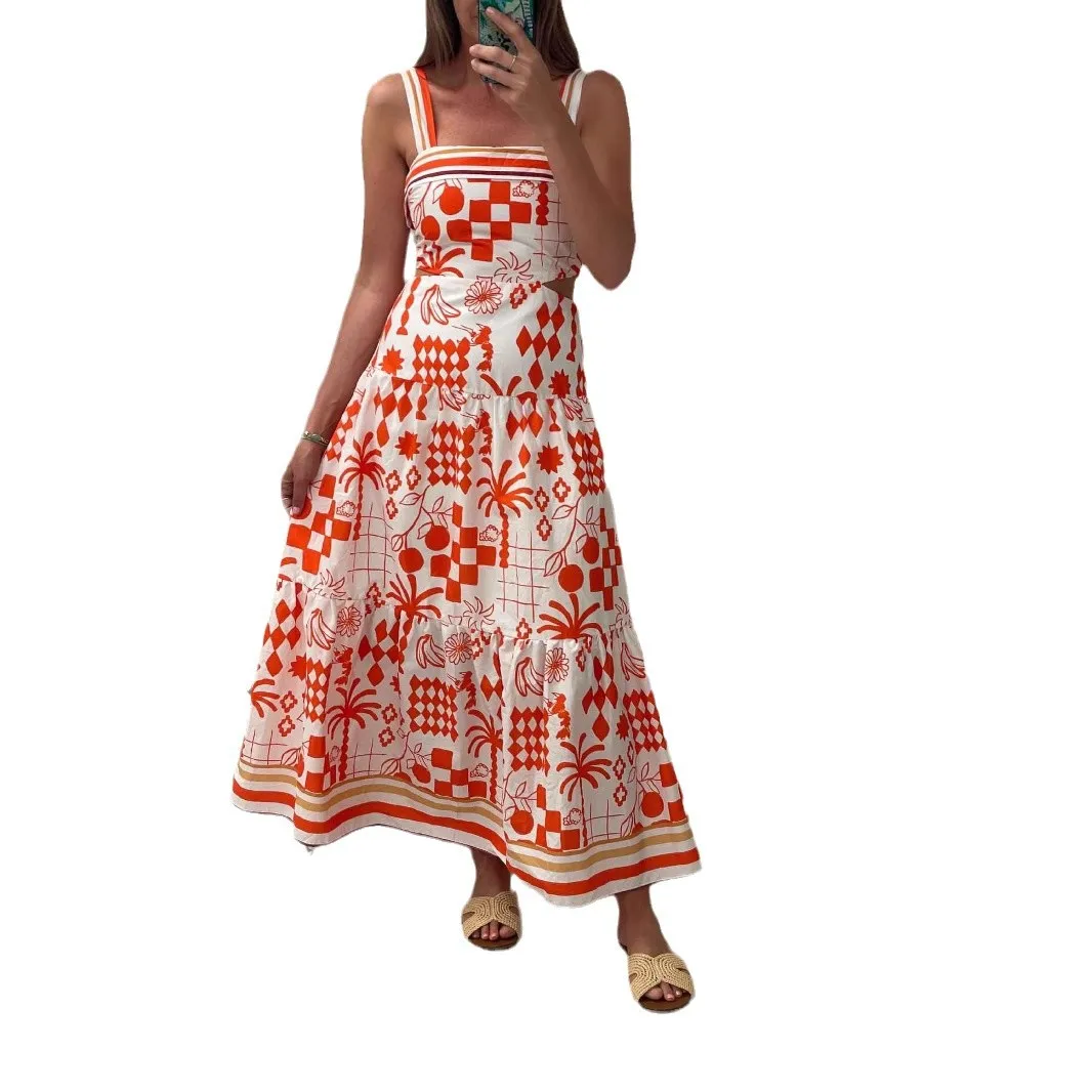 Robe d'été pour femmes, nouveau tempérament européen et américain, couleur contrastée, imprimé à bretelles