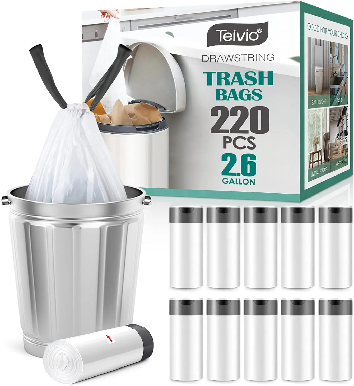 

2.6 Gallon 220 Count Strong Drawstring Trash Bags for Small Trash Can, Bathroom Kitchen Office Bin Liners, 10 Liter