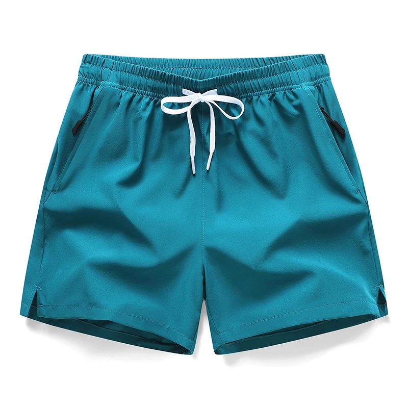 Men Quick Dry Sports Shorts Drawstring Zipper Pocket Split Hem Gym Beach Swim Short Pants