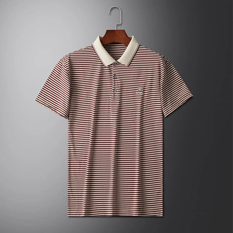 2024 Men\'s New Striped Cotton Business Casual Short Sleeved POLO Shirt Fashion Short Sleeved Comfortable and Breathable Top