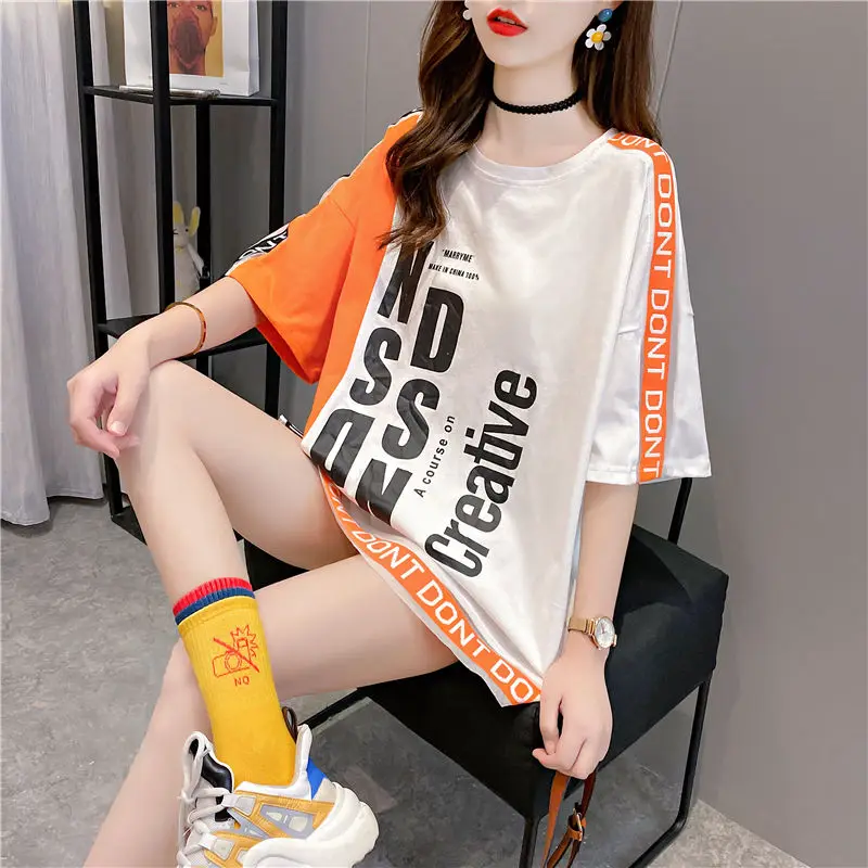 2024 Summer Korean Version Medium Length Round Neck Irregular Color Blocking Fashion Letter Print Loose Casual Oversize T-shirt