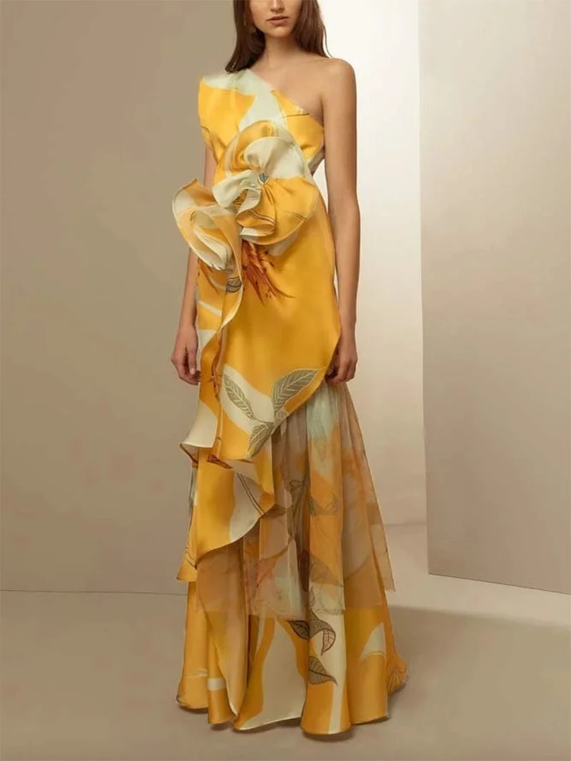

French Retro Style Waist Cinching Casual Printed Sloping Shoulder Dress One Shoulder Printed Dress