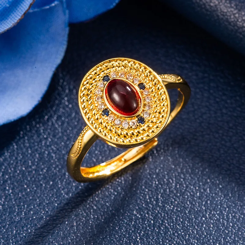 New 8# Adjustable Copper Gold-Plated Zircon Red Stone Ring For Women Girl Retro Ethnic Ellipse Design Jewelry Gift Wholesale