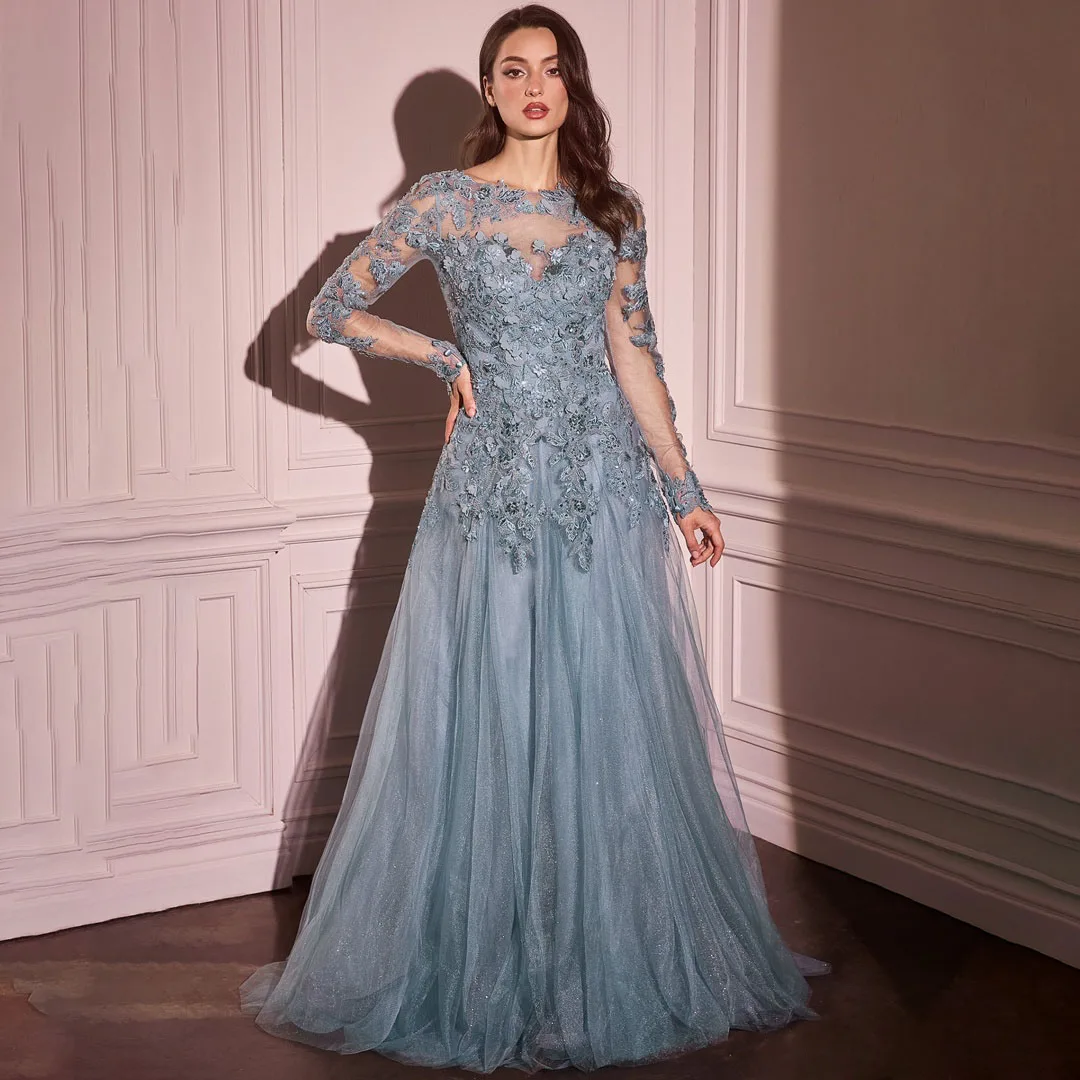 فساتين سهرة أنيقة لامعة بأكمام طويلة ورقبة دائرية زهور ثلاثية الأبعاد مزينة بالدانتيل للحفلات الراقصة للنساء على شكل حرف a بدون ظهر لحفلات الزفاف #1