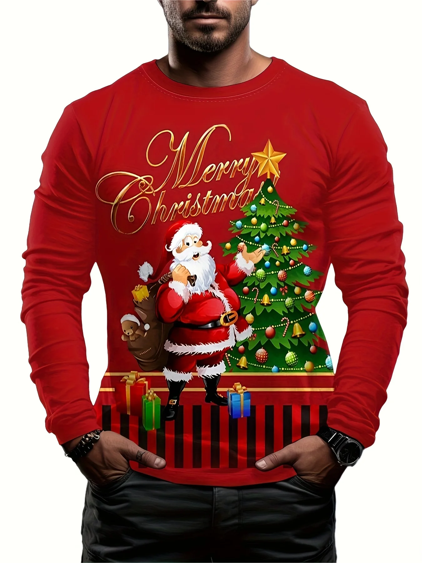 Funny Men's Long Sleeved T-shirt Casual Fashion 3D Santa Claus Pattern Harajuku Pullover Autumn New Festival Party Men Clothing