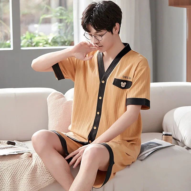 Plus Size Men Pijamas Summer New Shorts Kimono Fashion Bear Printing Cotton Pajama Set Sleepwear Cardigan Leisure Men Pajamas