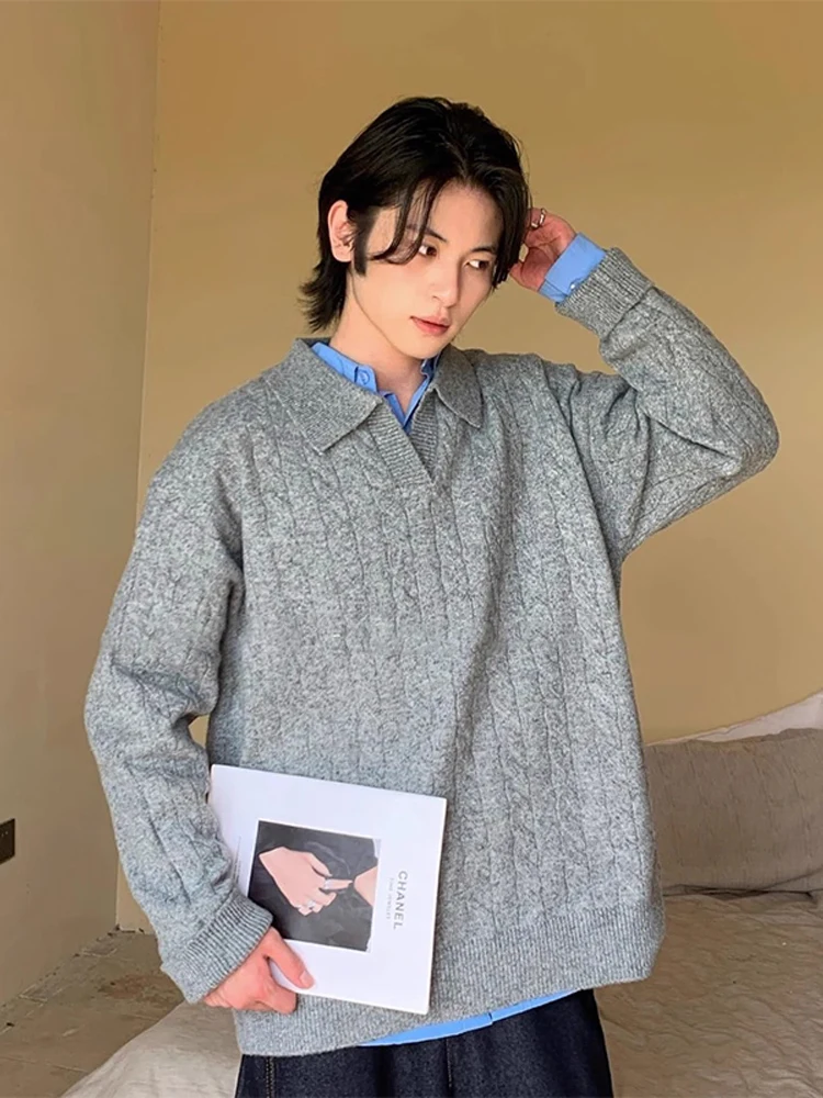 

ay Knitted V-ne Men's irt Lazy Sle Old Money Flavor Heavy-du Top Loose Fit Regular Length Long Sve Crew Ne