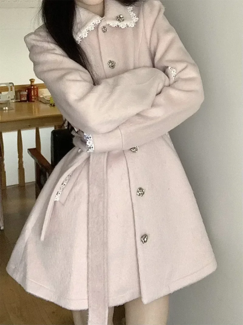 معطف صوفي متوسط الطول وردي اللون من Sweet Hot Girl للنساء للخريف والشتاء معطف صوفي برباط علوي ملابس نسائية عصرية