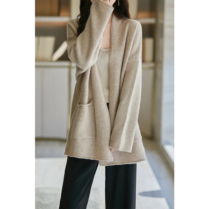 Christmas 100% Merino Wool 7-Needle Thick Knit Cardigan Loose Plus Size Top Women's Double Pocket Cashmere Coat Winter YYY2437