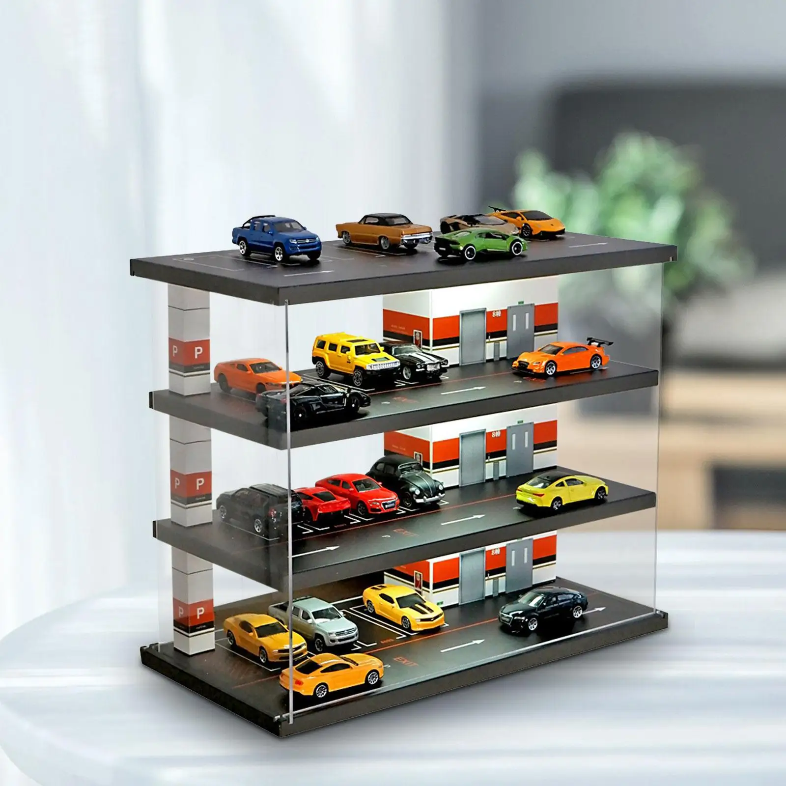 1:64 Scale Parking Lot Display Case with LED Layout Acrylic Cover Vehicle Garage