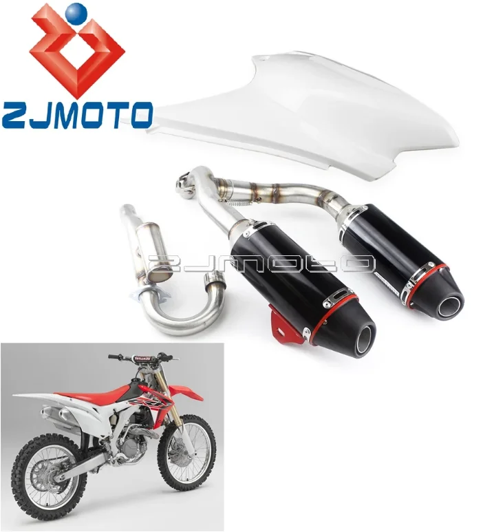 Dirt Pit Bike Motocross Complete Dual Exhaust Twin Muffler Pipes System with Bracket + Rear Air Cover for Honda CRF230 CRF150 F