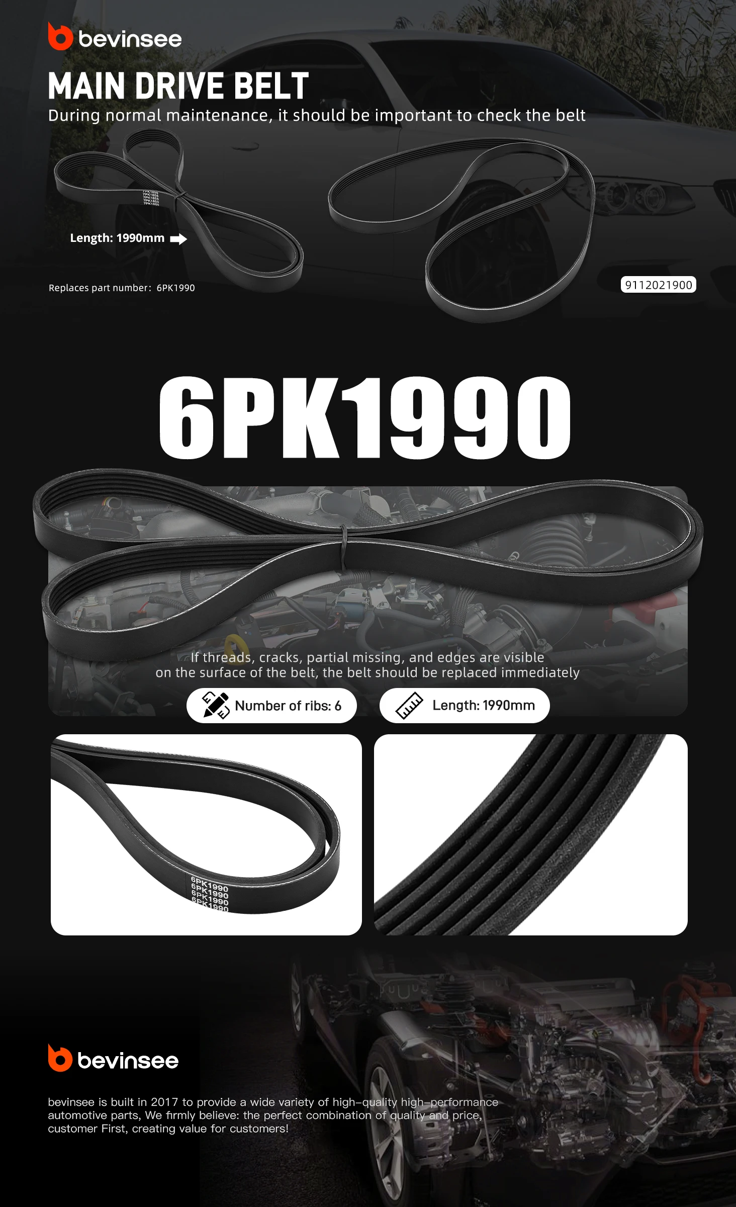BEVINSEE 6PK1990 Keilrippenriemen für BMW N52 E90 E91 E92 E93 323i 325i 328i 330i E81 E82 E87 E88 125i 130i E60 E61 525i 530i – Detail 1