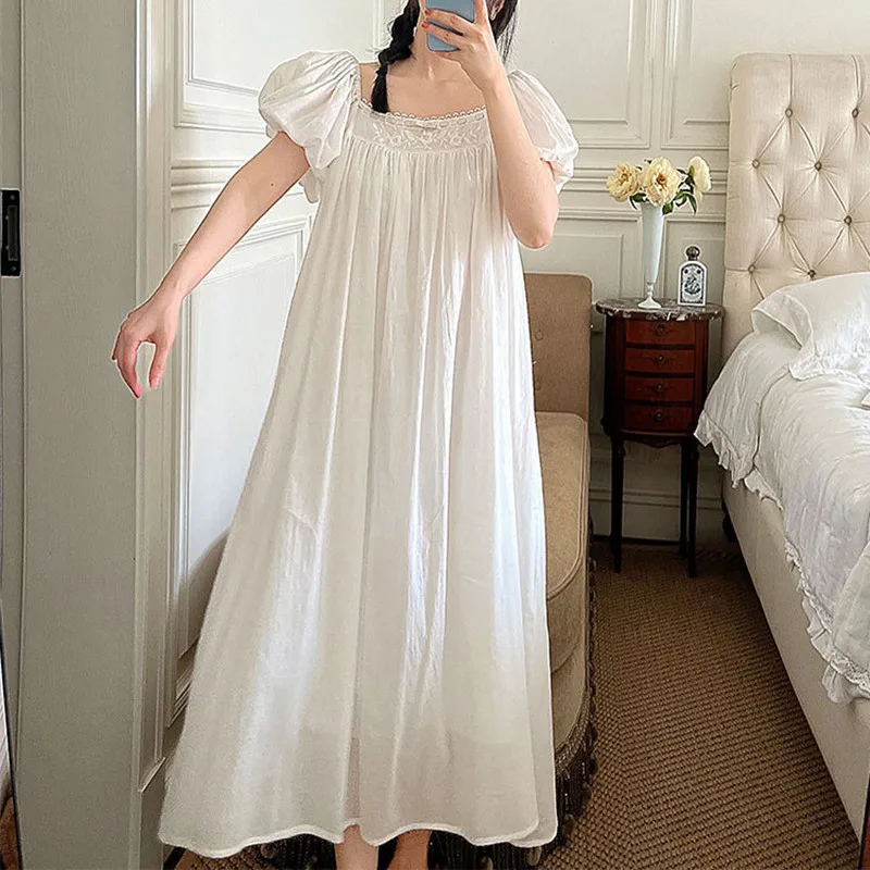 Women French Style Vintage Nightgown Princess Sweet Embroidery Long Nightdress Summer Short Puff Sleeve Cotton Sleepwear Nightie