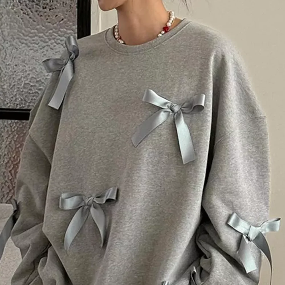 Autumn and winter new trend chic three-dimensional decorative bow solid  niche versatile temperament fleece thickened sweater