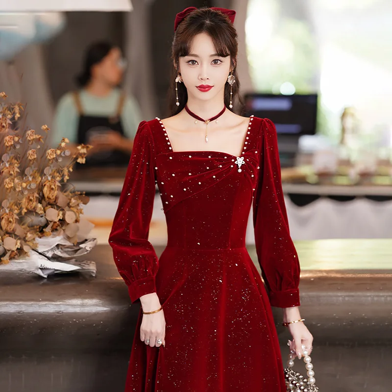 Burgund Braut Hochzeit Kleid Sexy Velour A-linie Promi Bankett Kleid Chinesischen Stil Frauen Qipao Cheongsam Robe De Soiree