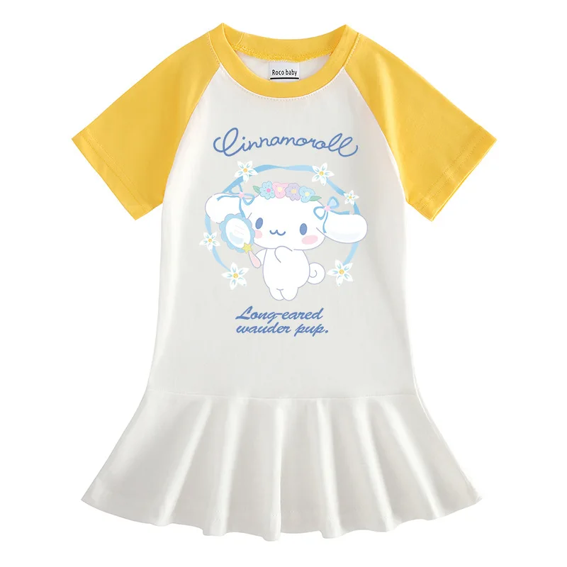 Anime Sanrios Cinnamoroll Kids Short Sleeve Dress Girls Cartoon Half Sleeve Dress Fashion Pleated Skirt Preppy Clothes Summer