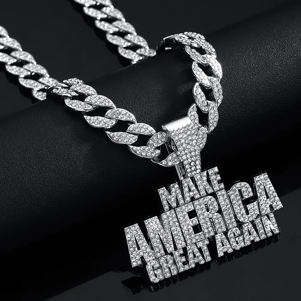 

Hip Hop Letter Pendant Cuban Necklace For Women Men Shimmering Rhinestone Gold Silver Color Fashion Punk Style Party Jewelry