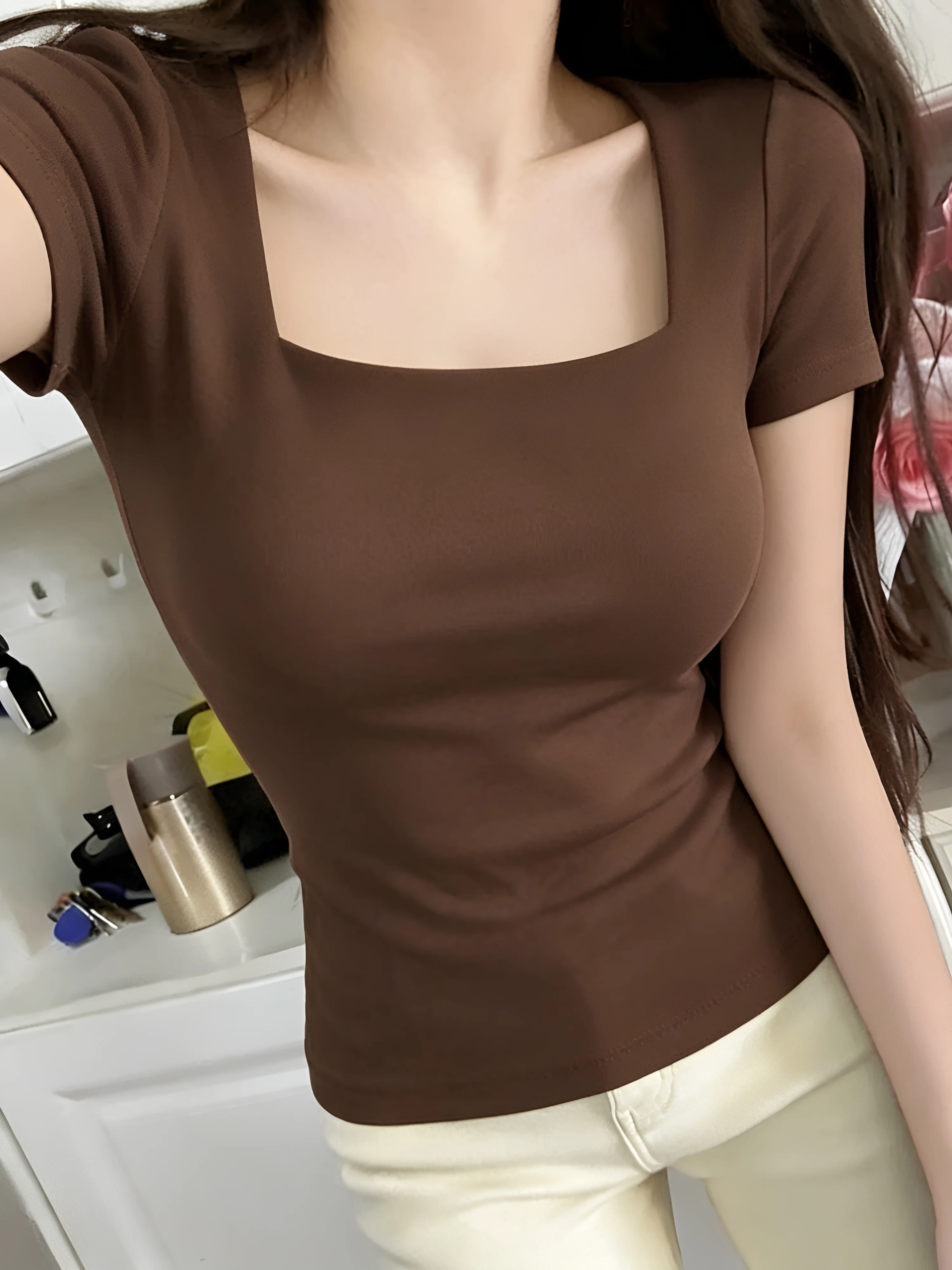 Summer Women's Short Sleeve T-Shirt 95 Cotton Square Collar Slim Fit Base Shirt Inner Wear Casual Comfortable Breathable Top