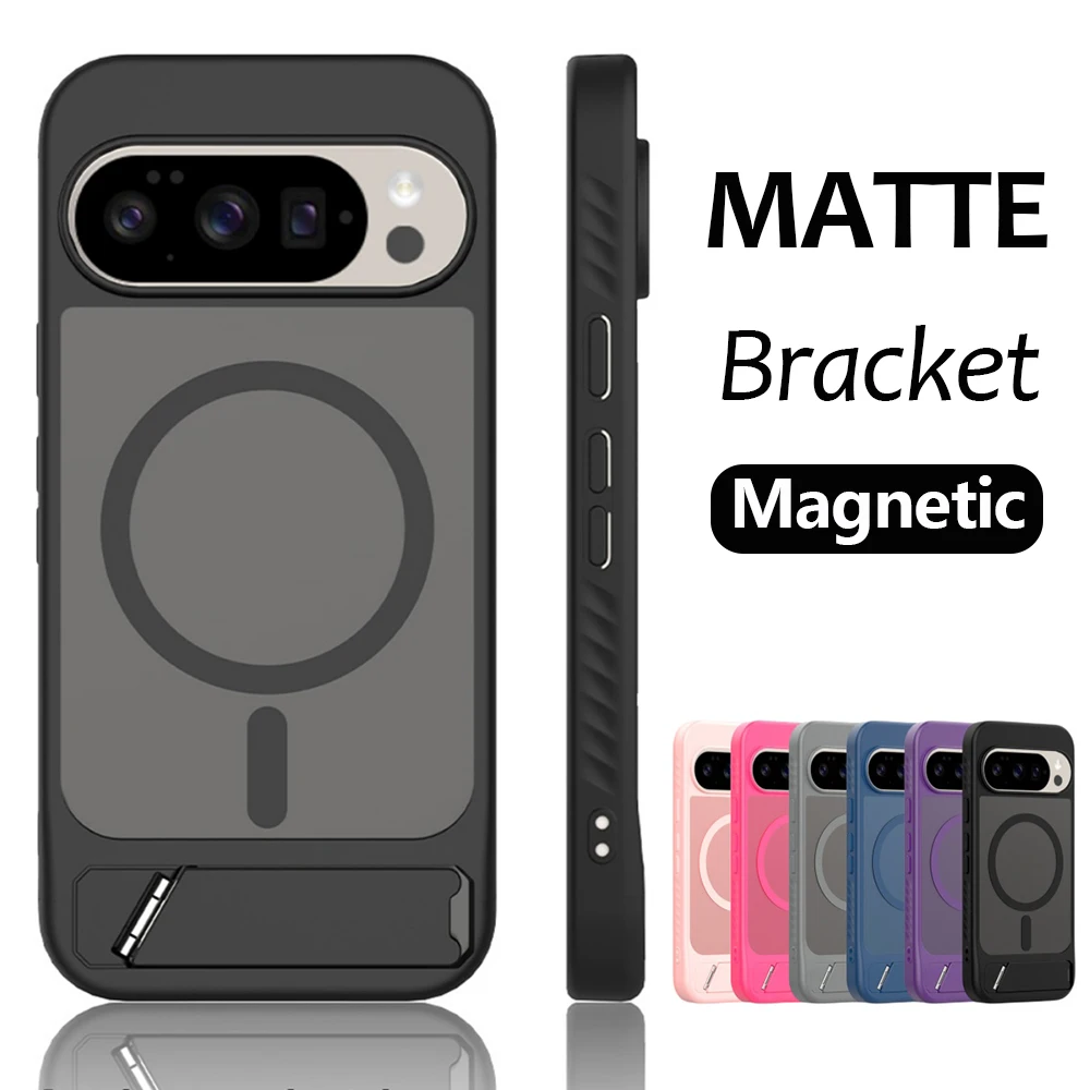 Matte Schutzhülle mit Ständerhalterung für Google Pixel 9 10 11 Pro XL, kompatibel mit Magsafe, durchscheinend, stoßfest, robuste PC-Rückabdeckung