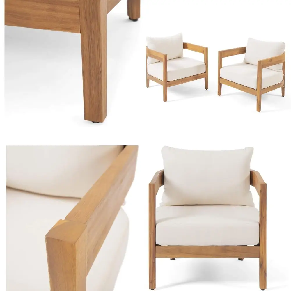 

312395 Aly Outdoor Club Chair with Cushions (Set o 2), Teak inish, Beige